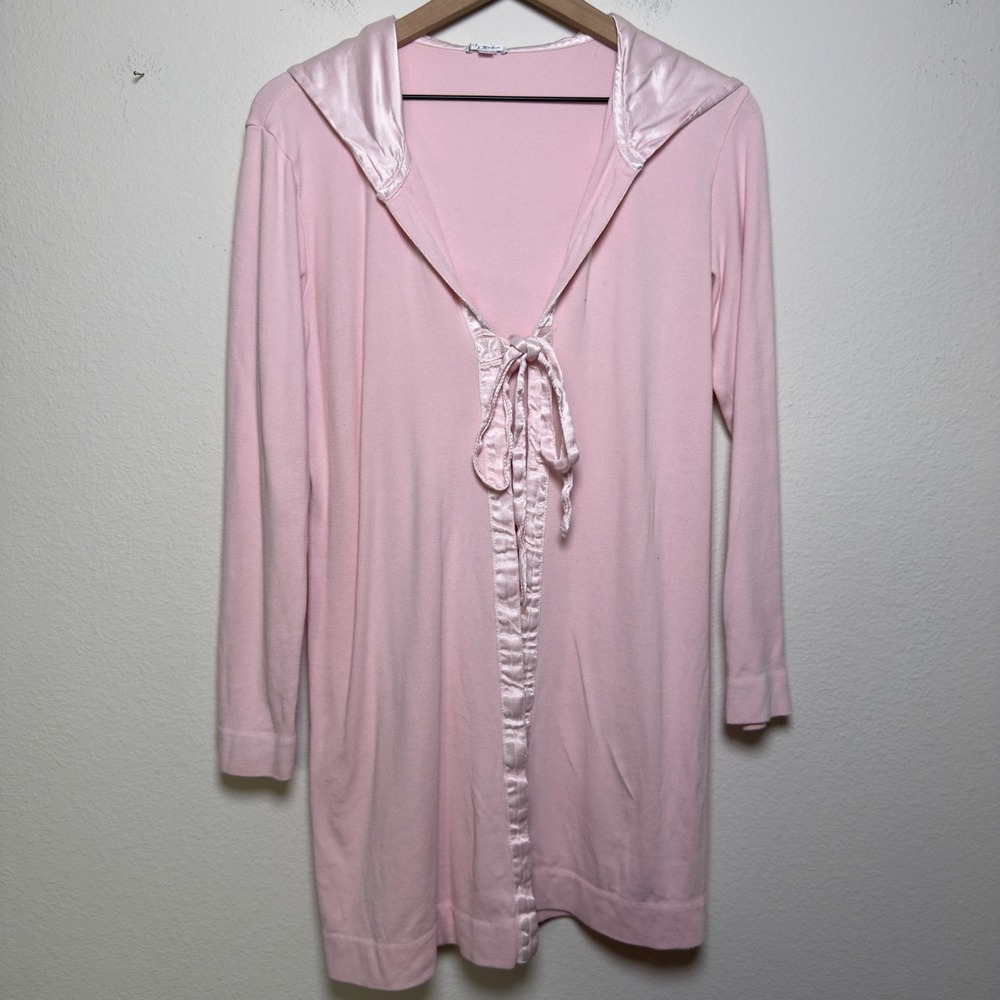 PJ Harlow Women Cotton Cardigan Small Rib Knit Pink Satin Trim Hooded Tie Front